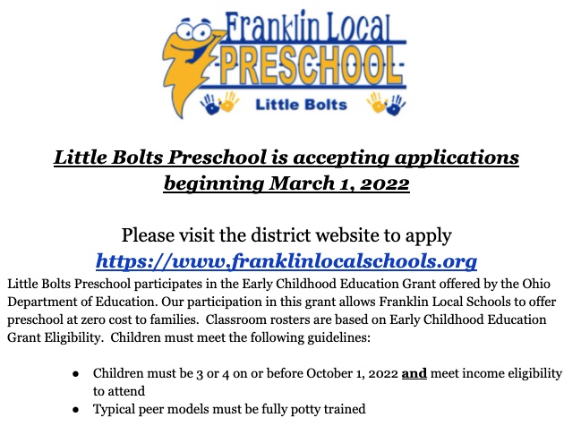 Little Bolts Preschool Application Information